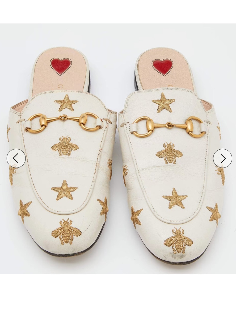 Gucci White Princetown Horsebit Mules with Gold Star & Bee Embroidery - Picture 3 of 9